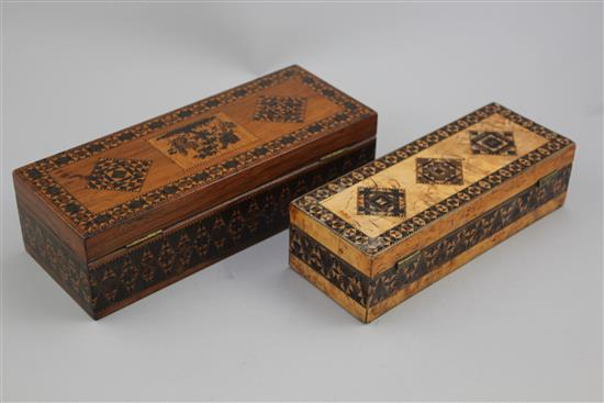 Two Tunbridge ware half square mosaic inlaid rectangular boxes, 9.5in.